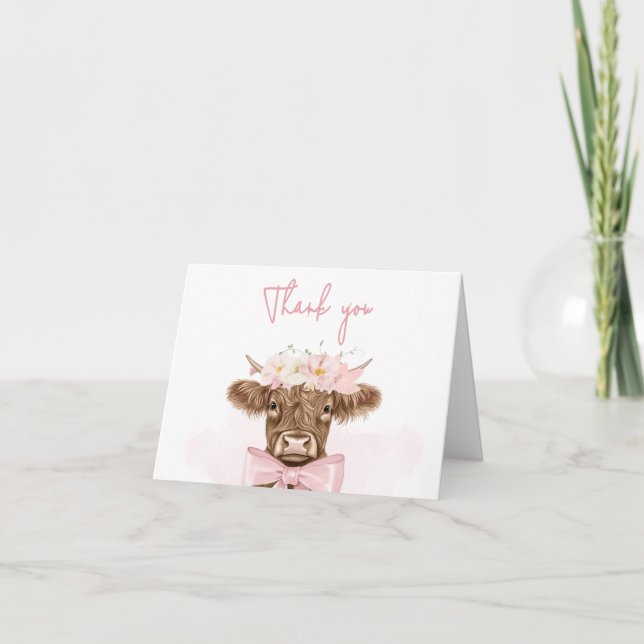 Carte De Remerciements Baby shower de vache rose Floral Highland (Devant)