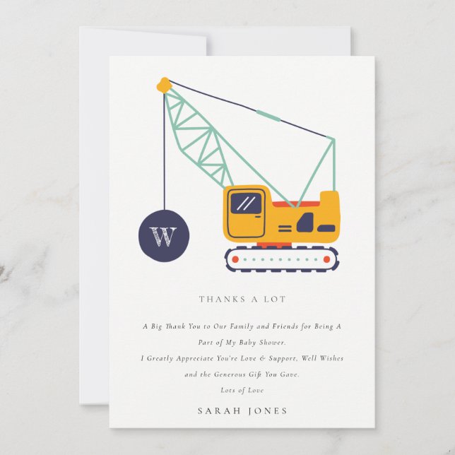 Carte De Remerciements Baby shower de véhicule de grue de construction mi (Devant)