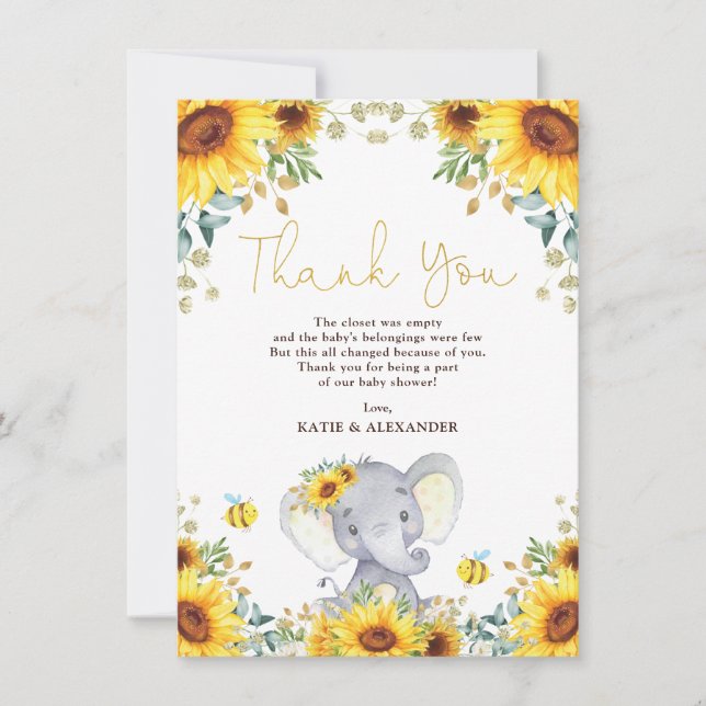 Carte De Remerciements Baby shower de verdure de Girl Elephant Boho Sunfl (Devant)
