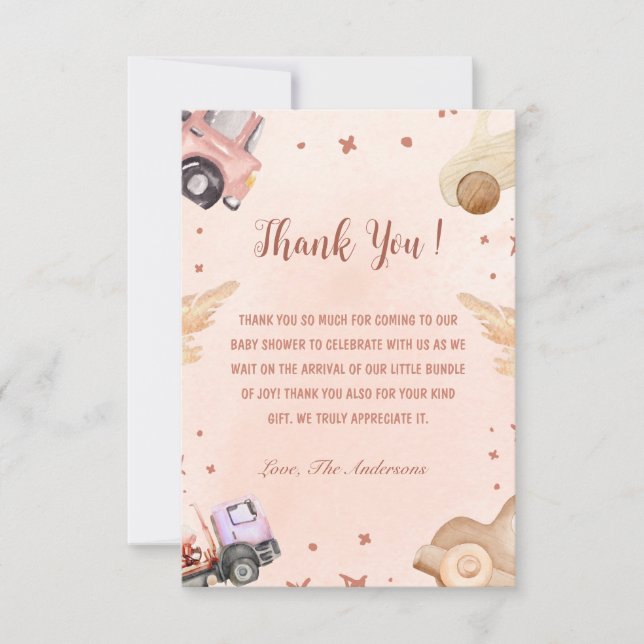 Carte De Remerciements Baby shower de voiture aquarelle (Devant)