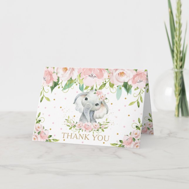 Carte De Remerciements Baby shower d'éléphant floral rose vif (Devant)