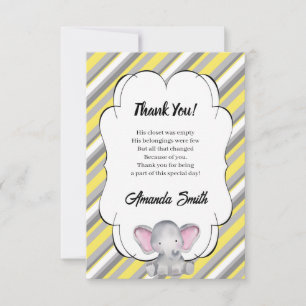 Carte De Remerciements Baby shower d'éléphant rayé gris et jaune