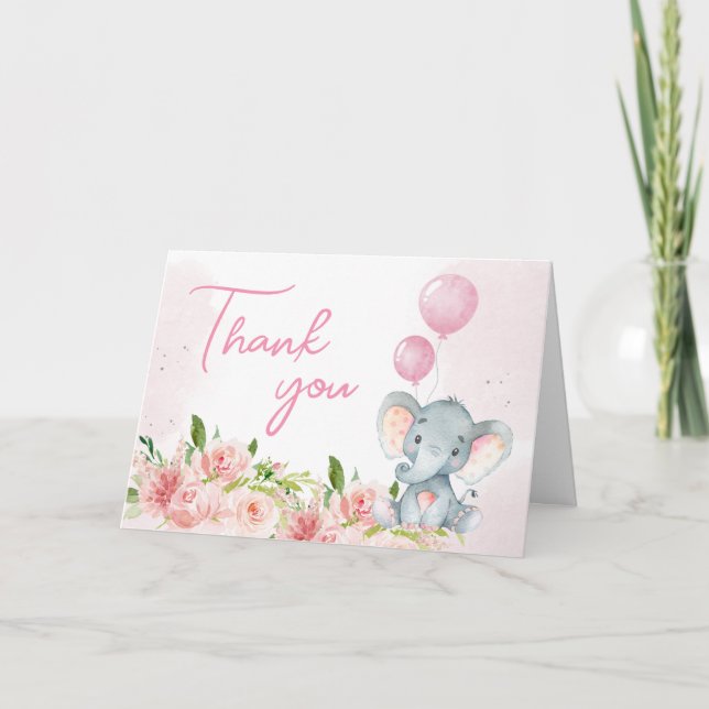 Carte De Remerciements Baby shower d'éléphant rose vif (Devant)