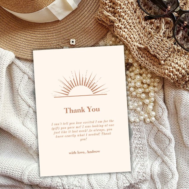 Carte De Remerciements Baby shower d'ensoleillement Boho minimaliste neut (Neutral Minimalist Boho Sunshine Baby Shower Thank You Card)