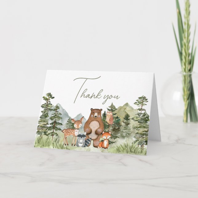 Carte De Remerciements Baby shower des animaux de bois verdoyants (Devant)