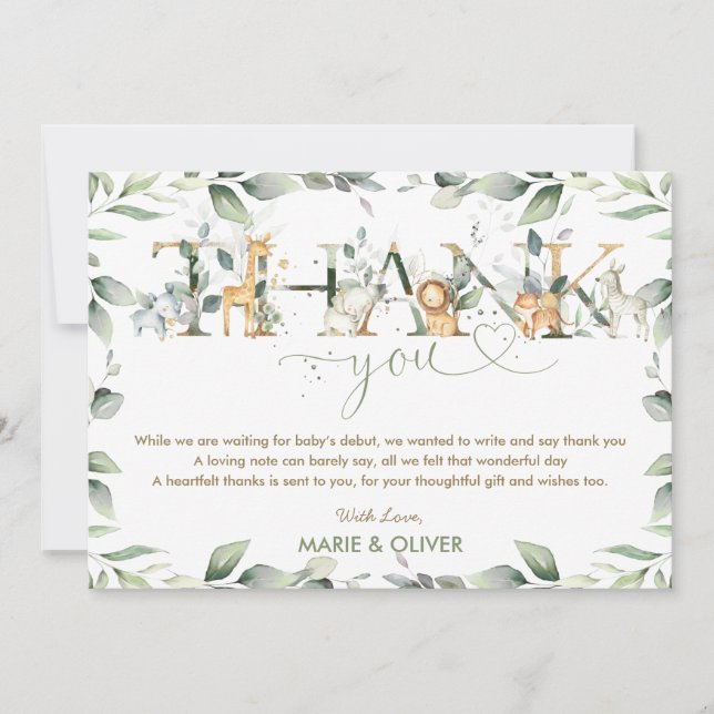 Carte De Remerciements Baby shower des animaux de la Jungle verdoyante (Devant)