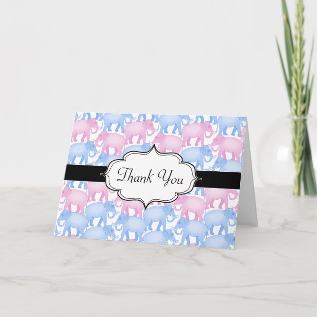 Carte De Remerciements Baby shower des éléphants ou révélation de genre (Devant)