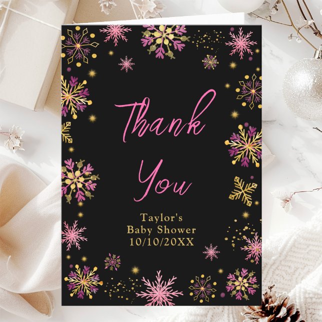 Carte De Remerciements Baby shower des flocons d'or et de rose (Créateur téléchargé)