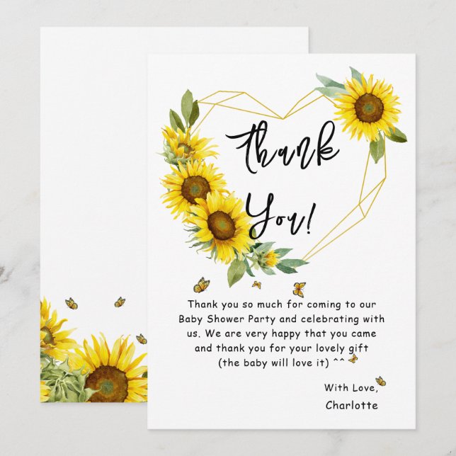 Carte De Remerciements Baby shower des tournesols et papillons d'aquarell (Devant / Derrière)