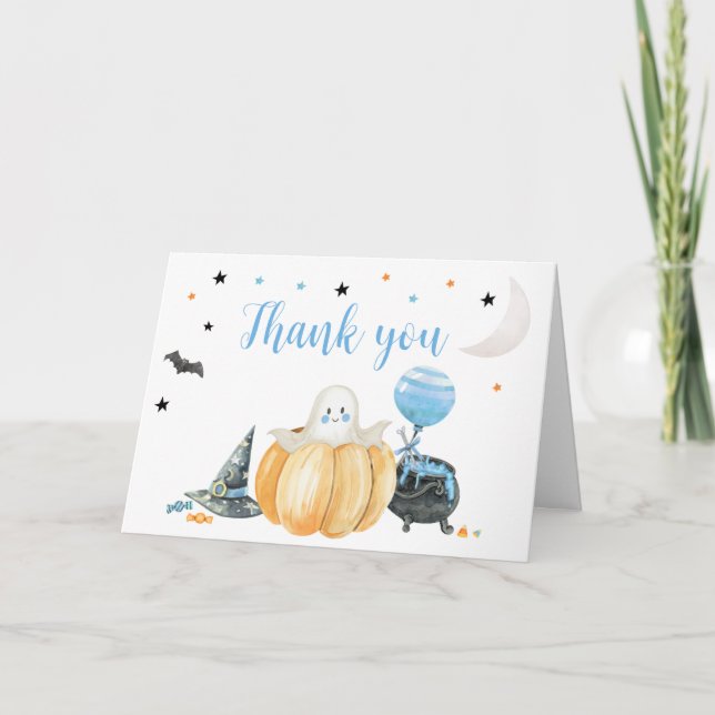 Carte De Remerciements Baby shower d'Halloween Citrouille Blue Little Boo (Devant)