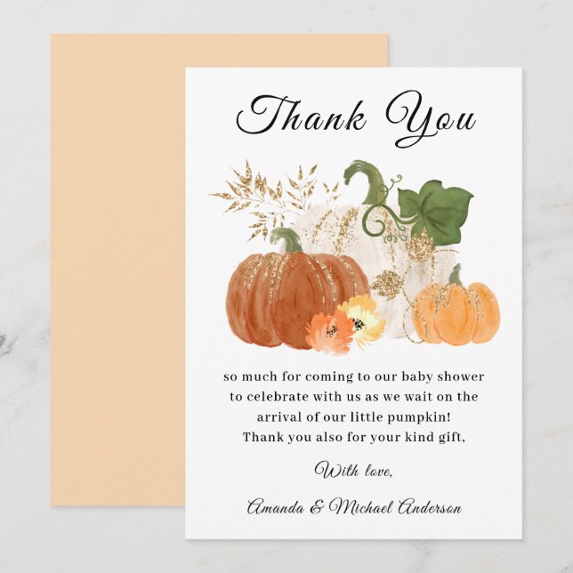 Carte De Remerciements Baby shower d'Halloween d'Orange Gold Citrouilles (Devant / Derrière)