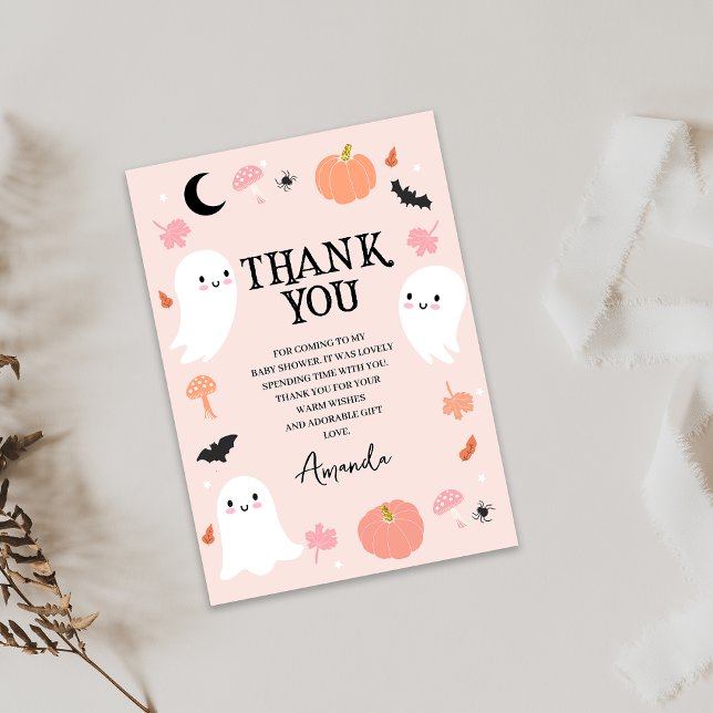 Carte de remerciements Baby shower d'Halloween ros (Pink Halloween Baby Shower Thank You Card Ghosts Our Little Boo Themed Girls Baby Shower Thank You)