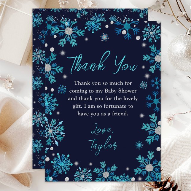 Carte De Remerciements Baby shower d'hiver des flocons bleus et argentés (Créateur téléchargé)