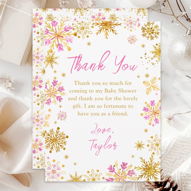 Carte De Remerciements Baby shower d'hiver des flocons de neige roses et  (Créateur téléchargé)