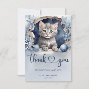 Carte De Remerciements Baby shower d'hiver petite chatte aquarelle