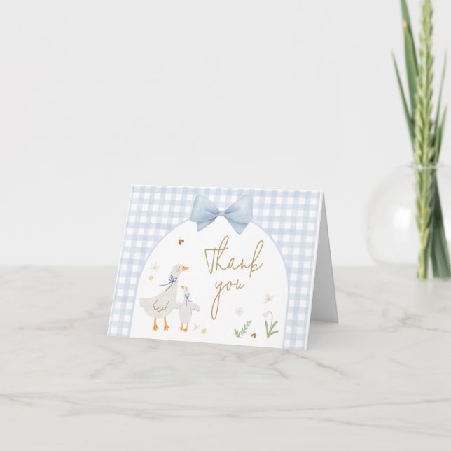 Carte De Remerciements Baby shower d'oie En vichy bleu (Devant)