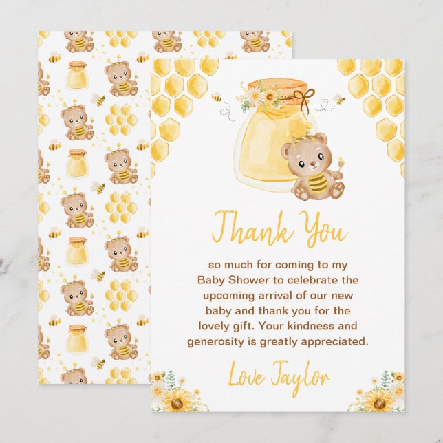Carte De Remerciements Baby shower d'ours au miel (Devant / Derrière)