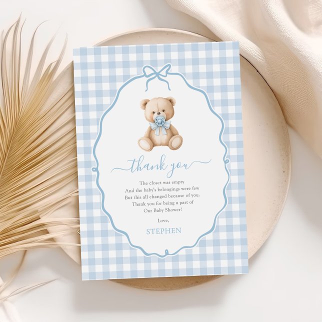 Carte De Remerciements Baby shower d'ours en En vichy bleu (Créateur téléchargé)