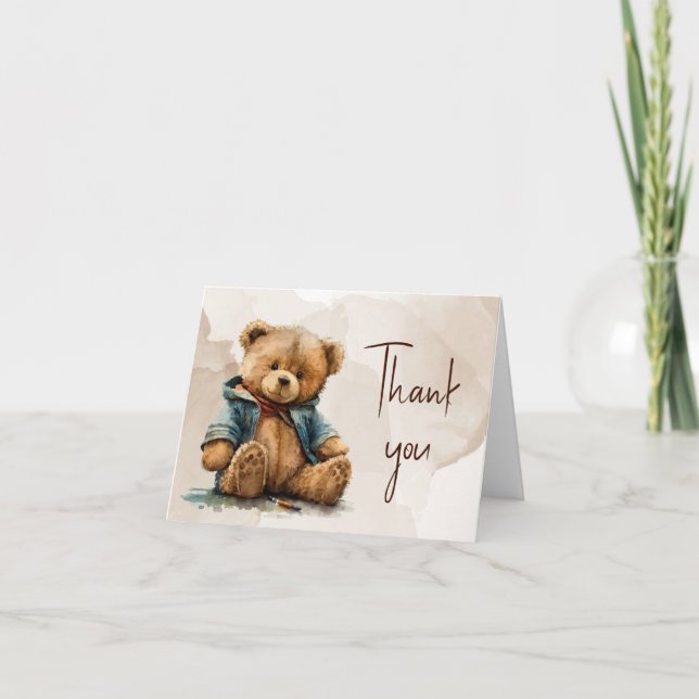 Carte De Remerciements Baby shower d'ours en peluche à l'aquarelle brun d (Devant)
