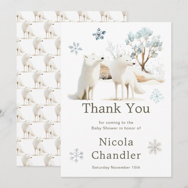 Carte De Remerciements Baby shower du loup arctique d'hiver (Devant / Derrière)