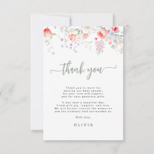 Carte De Remerciements Baby shower élégant à motif floral aquarelle vert