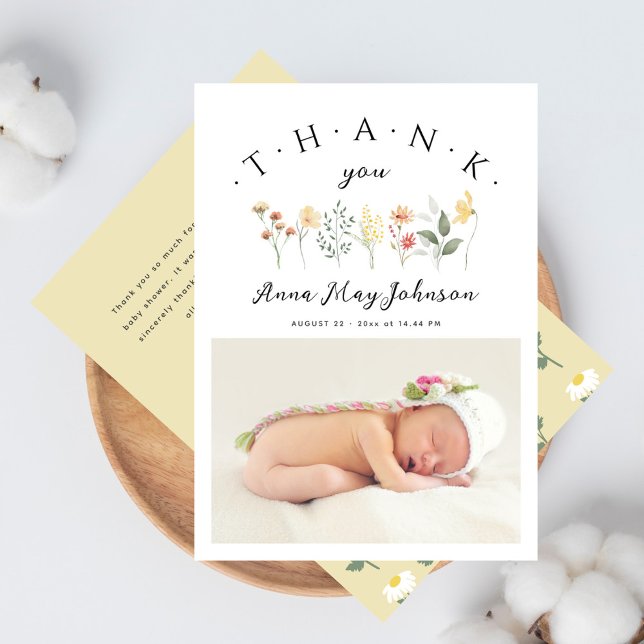 Carte De Remerciements Baby shower Élégant Script Fleur sauvage photo (Créateur téléchargé)