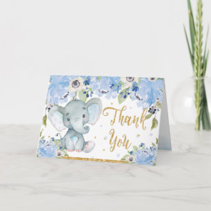 Carte De Remerciements Baby Shower Éléphant Mignon Fleurs Bleues