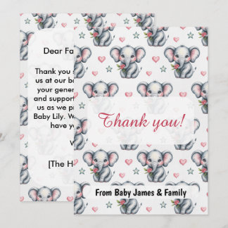 Carte De Remerciements Baby Shower Éléphant Rose Aquarelle