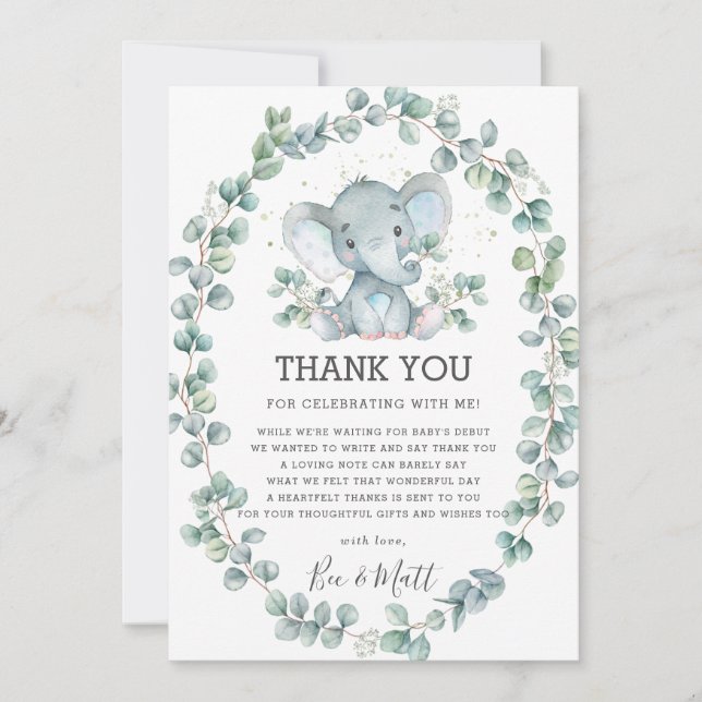 Carte De Remerciements Baby shower Eléphant Vert Eucalyptus Garçon (Devant)