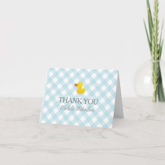 Carte De Remerciements Baby shower en caoutchouc En vichy bleu (Devant)