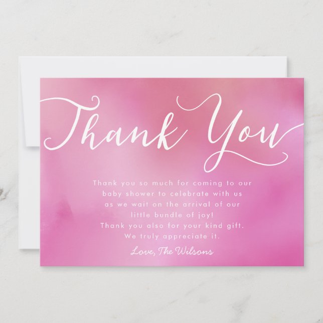 Carte De Remerciements Baby shower en lettres de manuscrit de main rose (Devant)