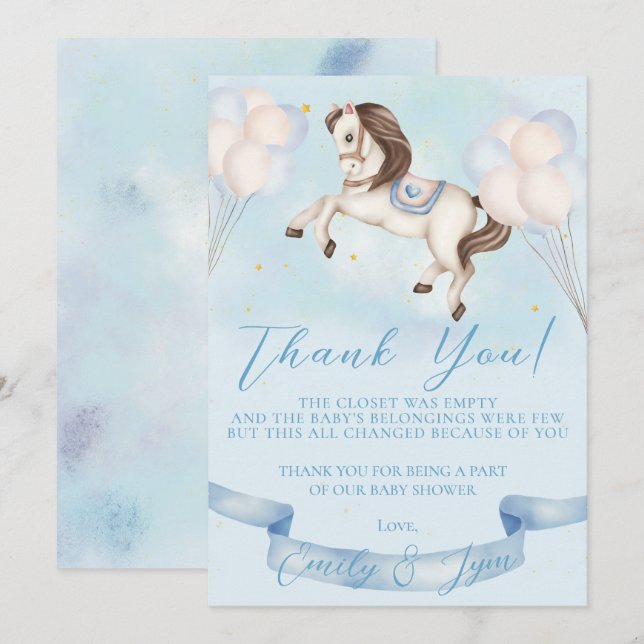 Carte De Remerciements Baby shower Fairytale Pony Stars Bleus (Devant / Derrière)