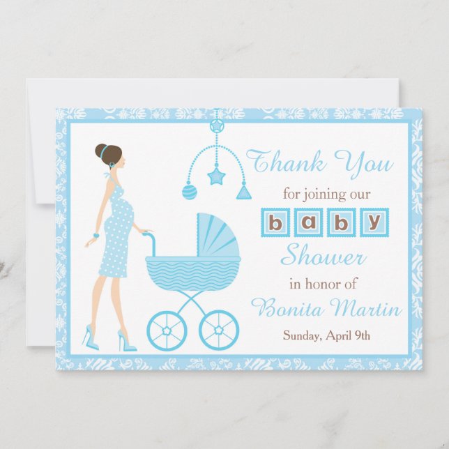 Carte De Remerciements Baby shower femme Brunette Damask bleu (Devant)