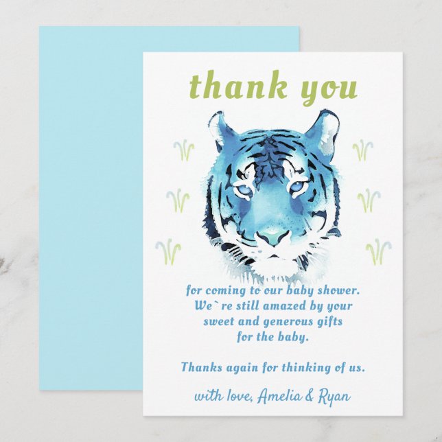 Carte De Remerciements Baby shower fille couleur bleu Tiger Head (Devant / Derrière)