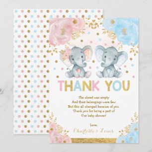 Carte De Remerciements Baby shower Fille Eléphant Fleur Rose Bleu
