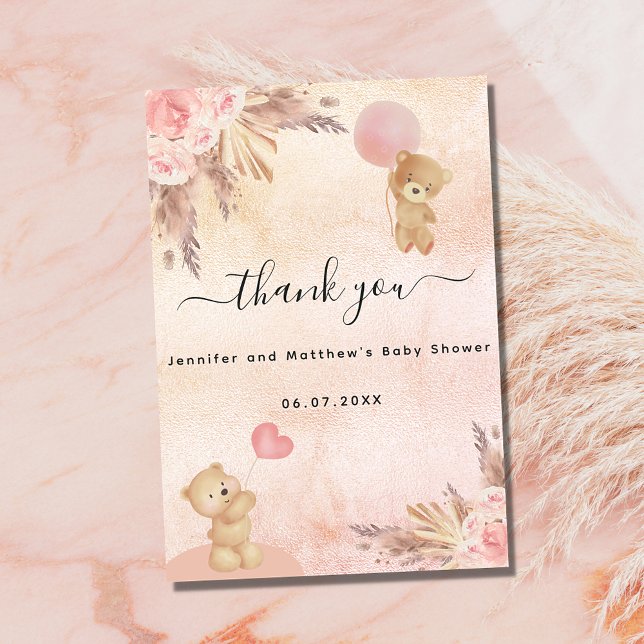 Carte De Remerciements Baby shower fille en peluche ours pampas herbe fle (Créateur téléchargé)