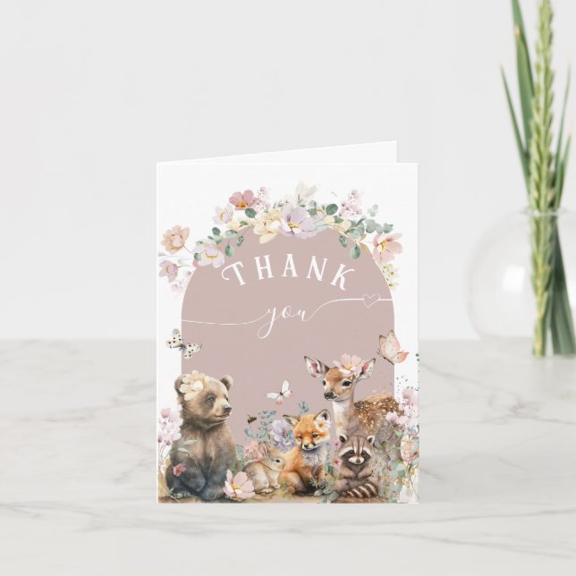 Carte De Remerciements Baby shower fille fleurie d'aquarelle d'animal de  (Devant)