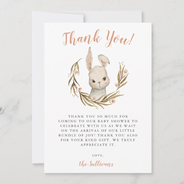 Carte De Remerciements Baby shower fille lapin lapin (Devant)