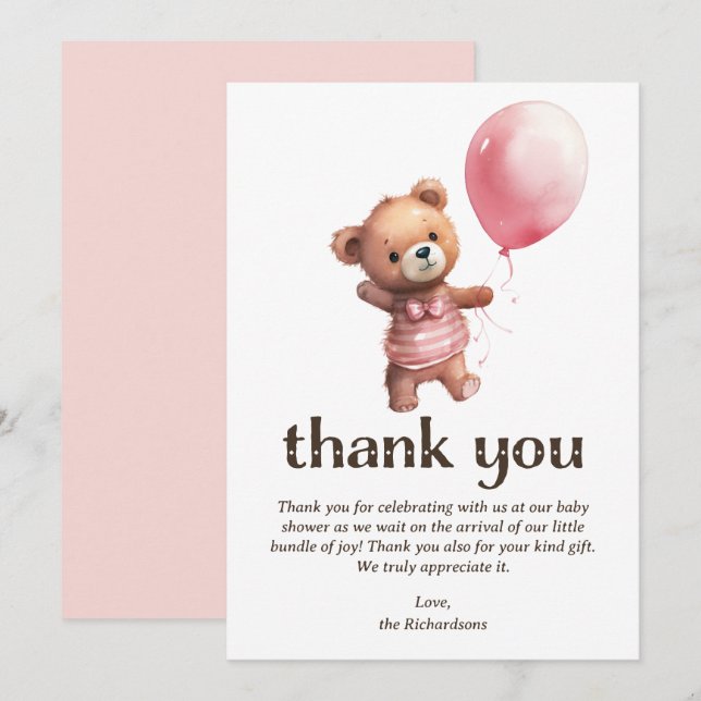 Carte De Remerciements Baby shower fille ours en peluche (Devant / Derrière)