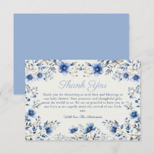Carte De Remerciements Baby shower Fleur sauvage bleu foncé et poussiéreu