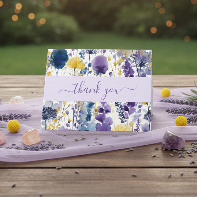 Carte De Remerciements Baby shower Fleur sauvage couleur  jaune violet (Celebrate your mama-to-be moment in full bloom with this elegant wildflower design. )