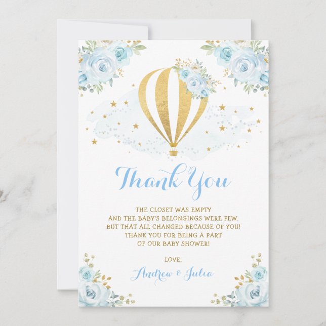 Carte De Remerciements Baby shower floral bleu chaud lunatique de ballon (Devant)