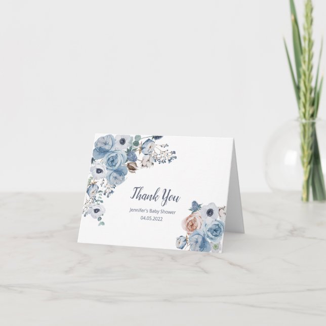 Carte De Remerciements Baby shower floral bleu poussiéreux (Devant)