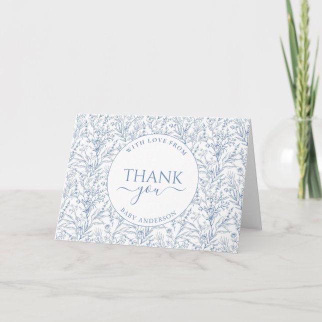 Carte De Remerciements Baby shower floral bleu toile élégant personnalisé (Devant)