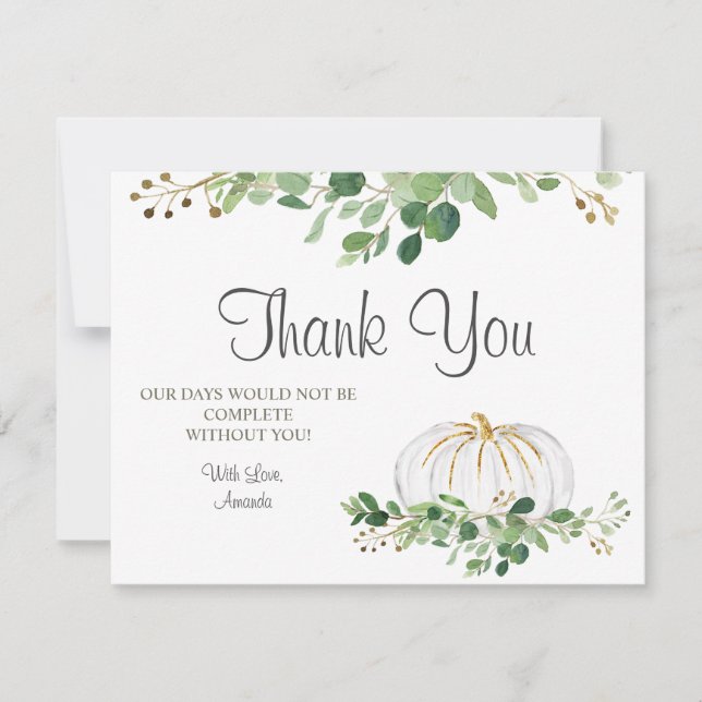 Carte De Remerciements Baby Shower Floral de verdure de citrouille blanch (Devant)
