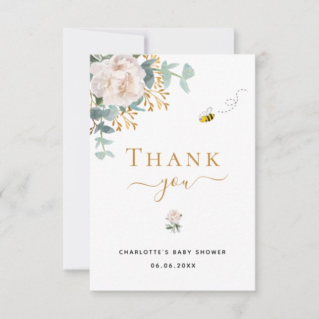 Carte De Remerciements Baby shower floral eucalyptus verdure abeille élég (Devant)