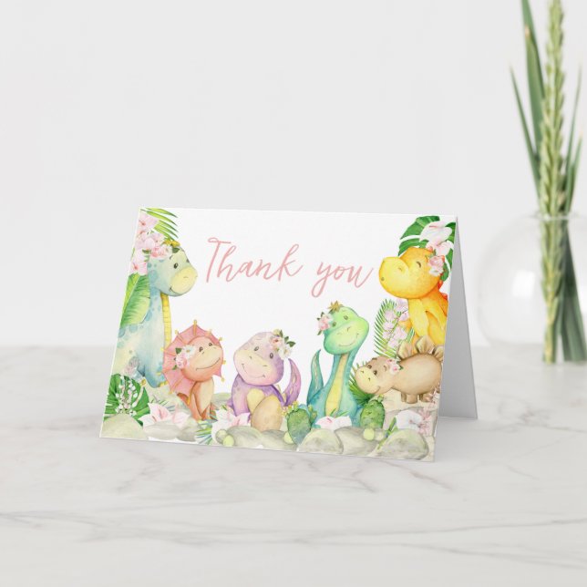 Carte De Remerciements Baby shower Floral Girl Dinosaur (Devant)