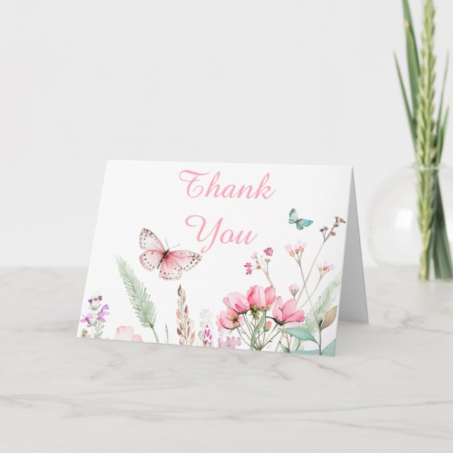 Carte De Remerciements Baby shower floral papillon rose printanier (Devant)