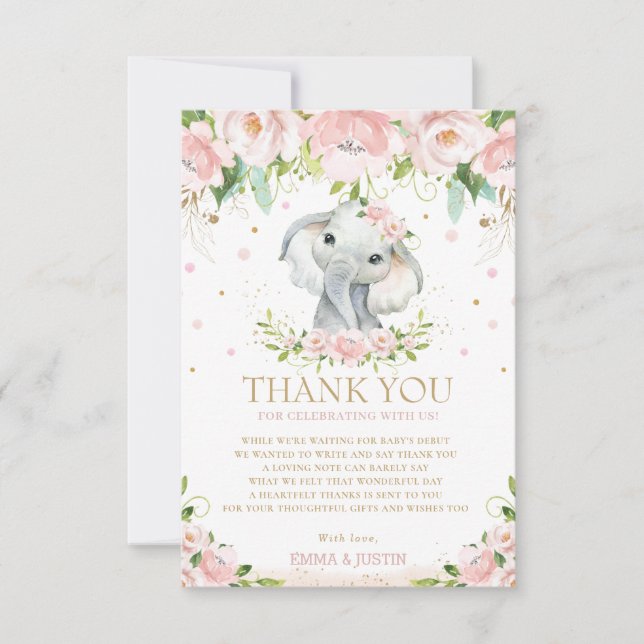 Carte De Remerciements Baby shower floral rose chic Eléphant 1er annivers (Devant)