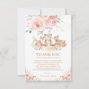 Carte De Remerciements Baby shower floral rose pâle des animaux des bois 